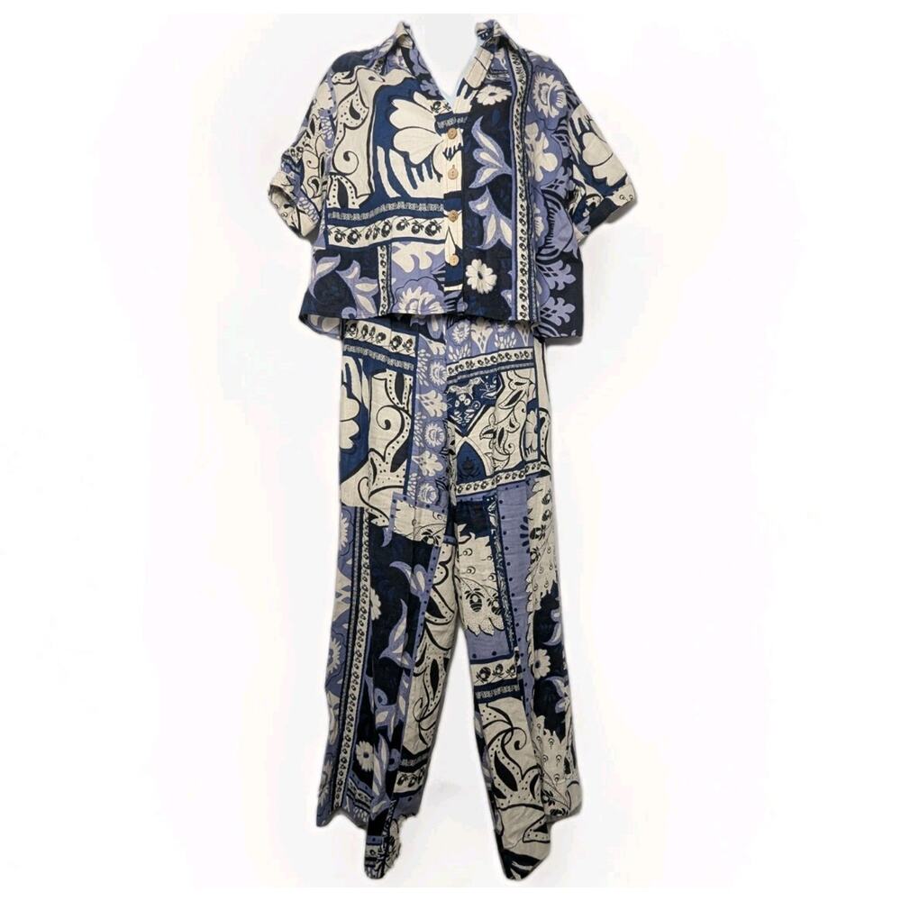 Christian Siriano Matching Set Linen Button Down Shirt Pants Blue Paisley Size S